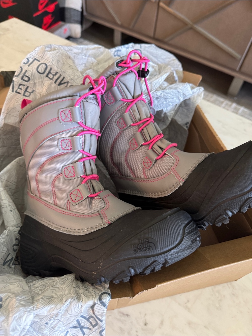 The North Face Kids Gray Winter Boots with Pink Accents